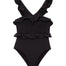 Front view of the Sissy Black Swimsuit showcasing its elegant black color and V-neck design.