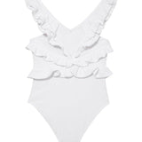 Back view highlighting the full bottom coverage and playful ruffle detailing.