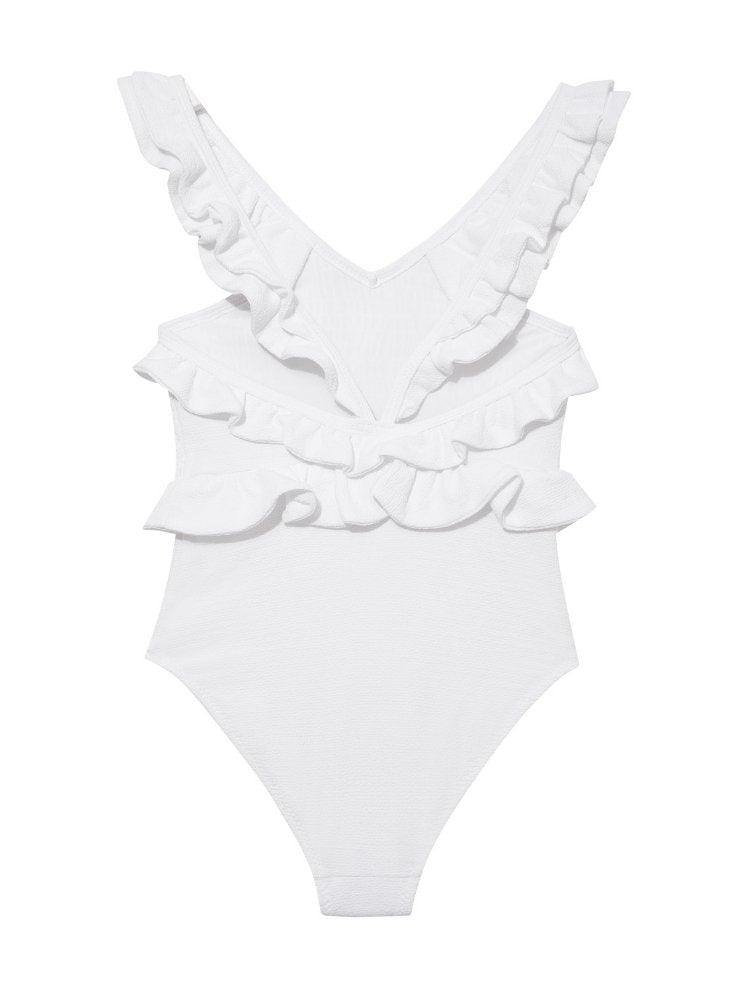 Back view highlighting the full bottom coverage and playful ruffle detailing.