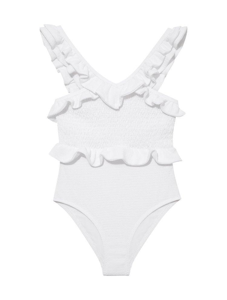 Front view of the Sissy White Swimsuit showcasing its elegant white color and V-neck design.