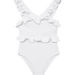 Front view of the Sissy White Swimsuit showcasing its elegant white color and V-neck design.