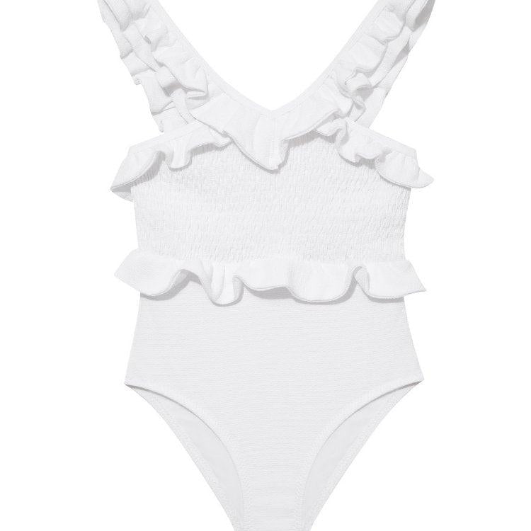 Sissy White Ruffled Textured Kids Swimsuit | Moeva | Swimsuit | Each week unveils new pieces—luxury swimwear, fluid resort silhouettes, and elevated summer-to-evening essentials designed to carry you from coastal escapes to city nights.