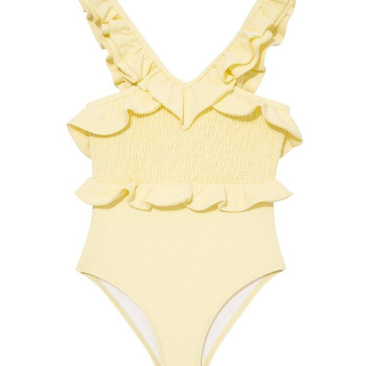 Sissy Yellow Ruffled Textured Kids Swimsuit | Moeva | Swimsuit | Each week unveils new pieces—luxury swimwear, fluid resort silhouettes, and elevated summer-to-evening essentials designed to carry you from coastal escapes to city nights.