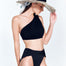 "Front view of the Skylar Black Bikini Bottom, showing the high-rise silhouette, twist-front detail, and high-leg cut."