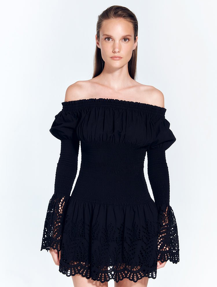 Solange Black Long Sleeved Off-The-Shoulder Ruched Mini Dress -RTW Dresses Moeva
