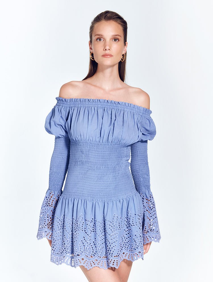 Solange Blue Long Sleeved Off-The-Shoulder Ruched Mini Dress -RTW Dresses Moeva
