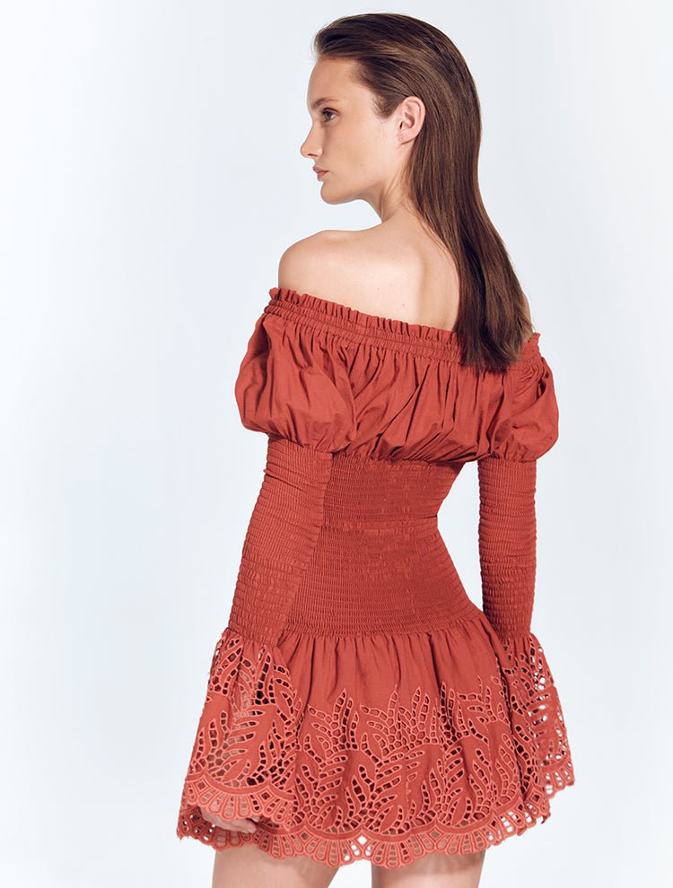 Solange Red Ochre Long Sleeved Off-The-Shoulder Ruched Mini Dress -RTW Dresses Moeva