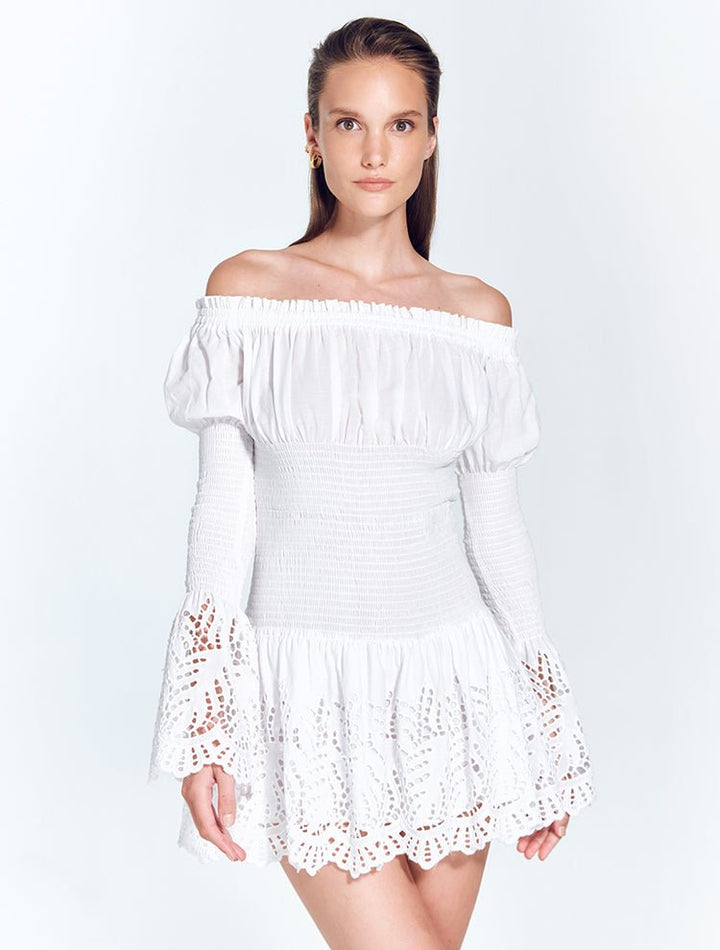 Solange White Long Sleeved Off-The-Shoulder Ruched Mini Dress -RTW Dresses Moeva