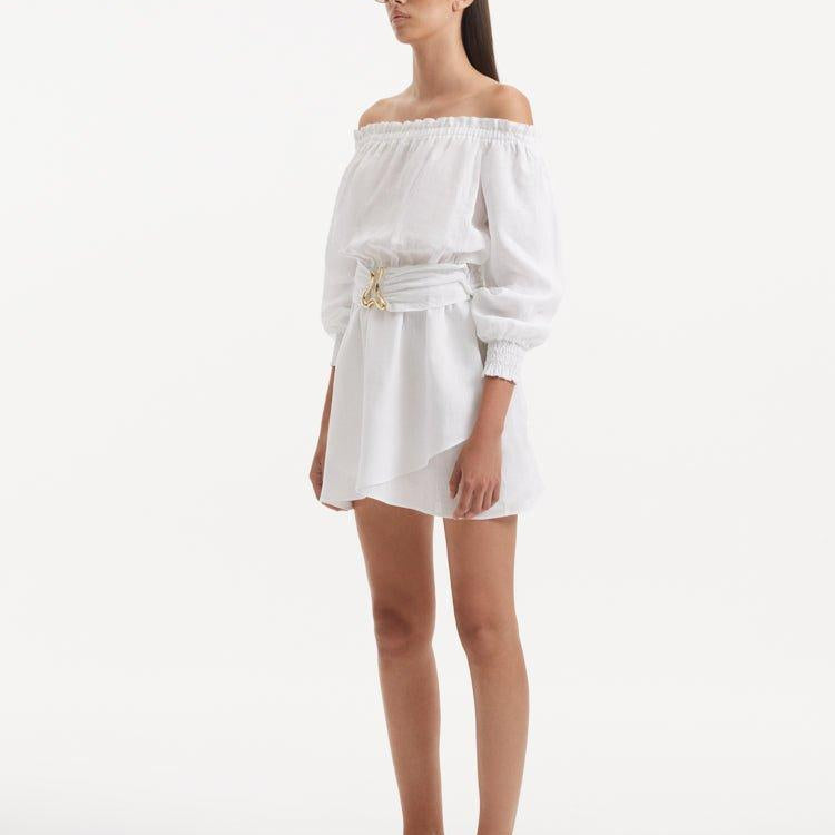 Sumner White Off-Shoulder Linen Mini Dress | Moeva | Dress | Each week unveils new pieces—luxury swimwear, fluid resort silhouettes, and elevated summer-to-evening essentials designed to carry you from coastal escapes to city nights.