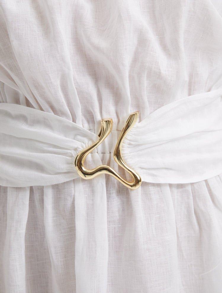 Sumner White Off-Shoulder Linen Mini Dress | Moeva | Dress | Each week unveils new pieces—luxury swimwear, fluid resort silhouettes, and elevated summer-to-evening essentials designed to carry you from coastal escapes to city nights.