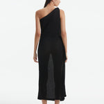 Back view of the Susanna Black Dress, illustrating the elegant flow and the smooth, recycled fabric.