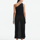 Back view of the Susanna Black Dress, illustrating the elegant flow and the smooth, recycled fabric.