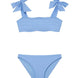 "Front view of the Tia baby blue kids bikini set, showcasing the self-tie straps and ruffle details on the bikini top."