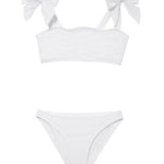 "Front view of the Tia white kids bikini set, showcasing the self-tie straps and ruffle details on the top."