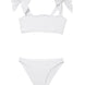 "Front view of the Tia white kids bikini set, showcasing the self-tie straps and ruffle details on the top."