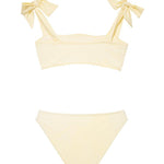 "Back view of the Tia yellow kids bikini set, featuring the secure fit of the full-coverage bottoms and self-tie top."