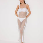 "Front view of a model in the Triana White Dress, showcasing its close fit and elegant décolleté."