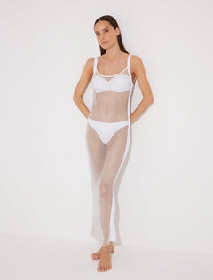 Triana White Rhinestone Details Mesh Long Dress | Moeva | Beachwear Dresses | Each week unveils new pieces—luxury swimwear, fluid resort silhouettes, and elevated summer-to-evening essentials designed to carry you from coastal escapes to city nights.