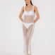 "Front view of a model in the Triana White Dress, showcasing its close fit and elegant décolleté."