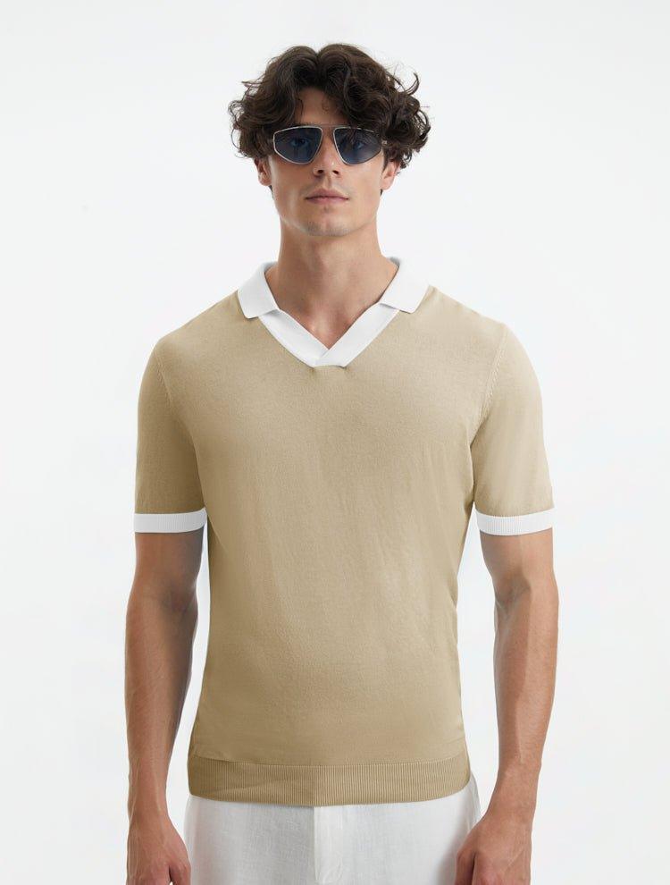 "Front view of Troy nude and white duo-colored t-shirt displaying the slim fit and open collar design"