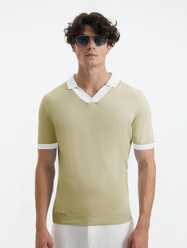 "Front view of Troy oil green and white duo-colored t-shirt showing the slim fit and open collar design"