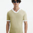 "Front view of Troy oil green and white duo-colored t-shirt showing the slim fit and open collar design"