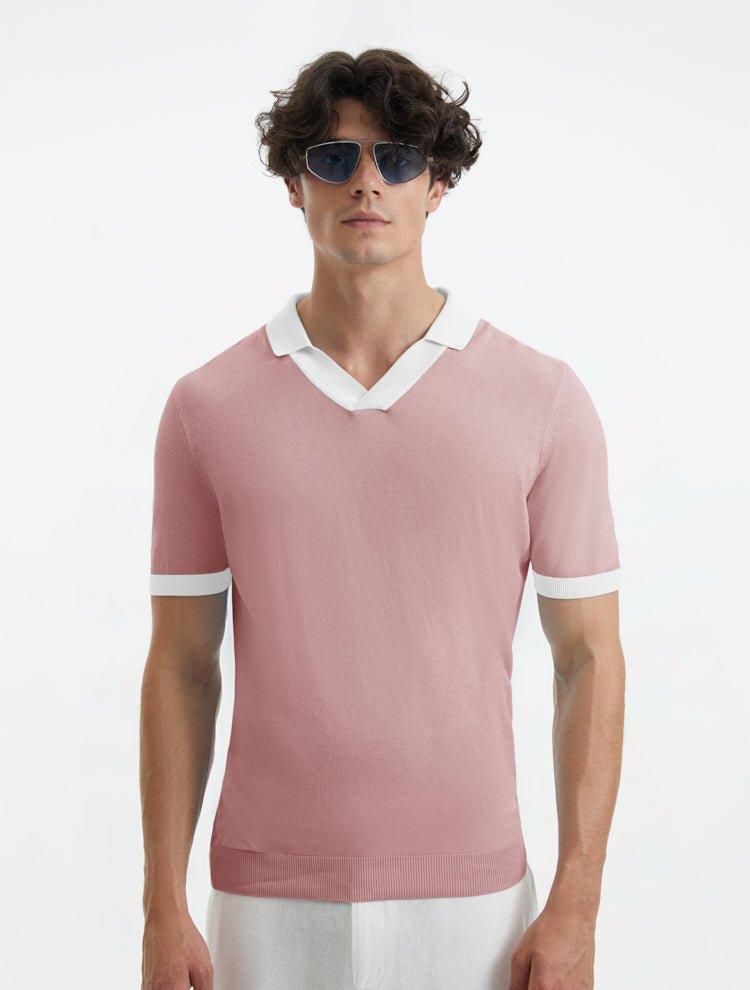 "Front view of Troy pink and white duo-colored t-shirt showing the slim fit and open collar design"