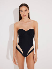 "Front view of the Vivia Black/Nude Strapless Swimsuit with embroidered details and molded cups."