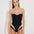 Front View: Model in Vivia Black/Nude Swimsuit - MOEVA Luxury Swimwear, Strapless Silhouette, Moulded Cup, Underwired, Embroidery Details, Flatters All Bust Shapes, Duo Colored, Removable Padding Swimsuit,  MOEVA Luxury Swimwear 