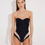 "Front view of the Vivia Black/Nude Strapless Swimsuit with embroidered details and molded cups."