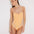 Front View: Model in Vivia Orange/Nude Swimsuit - MOEVA Luxury Swimwear, Strapless Silhouette, Moulded Cup, Underwired, Embroidery Details, Flatters All Bust Shapes, Duo Colored, Removable Padding Swimsuit,  MOEVA Luxury Swimwear 