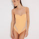 "Model wearing the Vivia Orange/Nude Molded Cup Strapless Swimsuit from the front, showcasing the geometric embroidery that contours the figure and the molded cups that offer support and a push-up effect. "