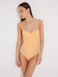Front View: Model in Vivia Orange/Nude Swimsuit - MOEVA Luxury Swimwear, Strapless Silhouette, Moulded Cup, Underwired, Embroidery Details, Flatters All Bust Shapes, Duo Colored, Removable Padding Swimsuit,  MOEVA Luxury Swimwear 