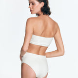 "Back perspective of the Wendy bikini top, highlighting the clean design and seersucker texture."