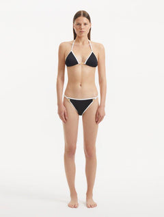 Front view of the Zarya Black Bikini Set, showcasing the classic triangle design and duo-colored detail.