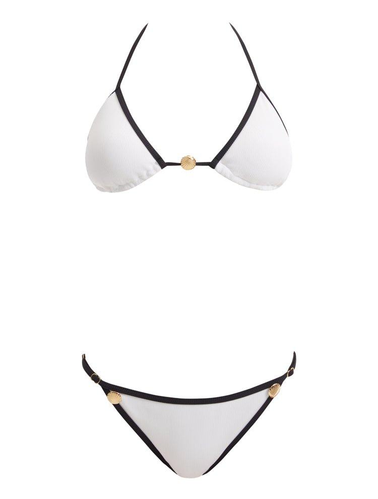 Artistic decoupage image of the Zarya White Bikini Set, displaying its cohesive design and quality craftsmanship.