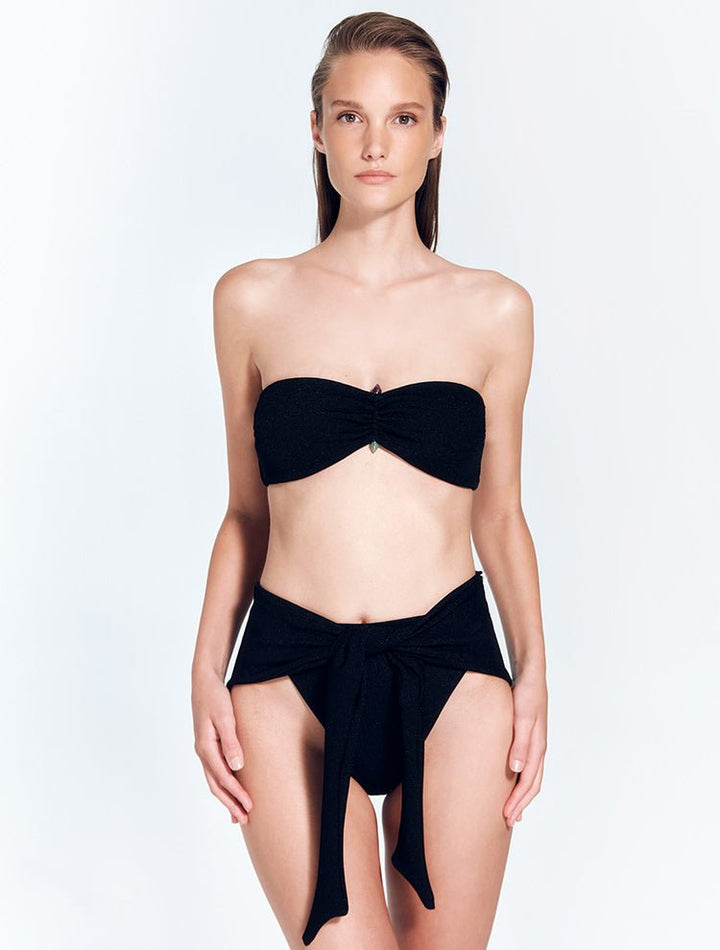 Zeta Shiny Black Bandeau Bikini Top With Natural Stone Details -Bikini Top Moeva