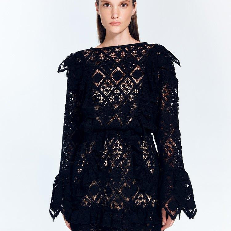 Zhen Black Lace Midi Dress with Ruffle Detail | Moeva | Dress | Each week unveils new pieces—luxury swimwear, fluid resort silhouettes, and elevated summer-to-evening essentials designed to carry you from coastal escapes to city nights.