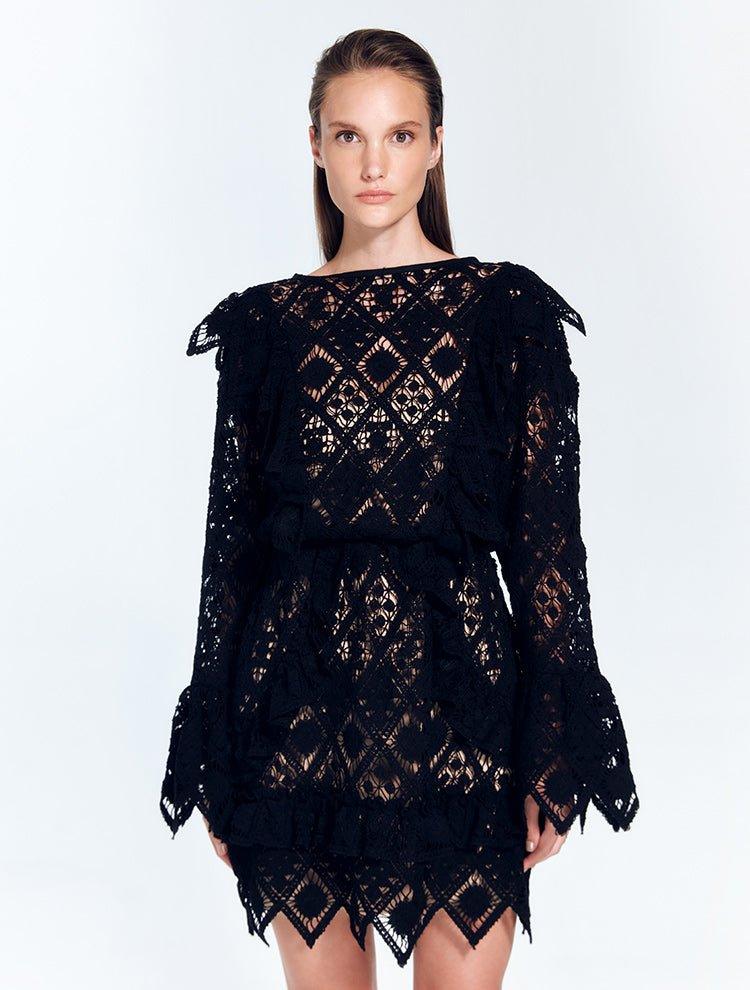 Zhen Black Lace Midi Dress with Ruffle Detail | Moeva | Beachwear Dresses | Each week unveils new pieces—luxury swimwear, fluid resort silhouettes, and elevated summer-to-evening essentials designed to carry you from coastal escapes to city nights.