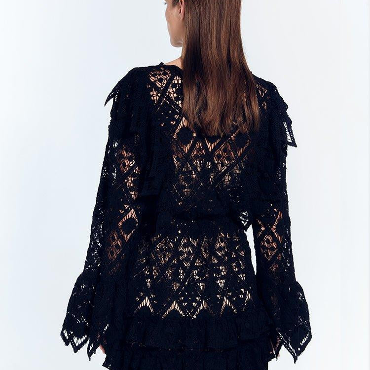 Zhen Black Lace Midi Dress with Ruffle Detail | Moeva | Dress | Each week unveils new pieces—luxury swimwear, fluid resort silhouettes, and elevated summer-to-evening essentials designed to carry you from coastal escapes to city nights.