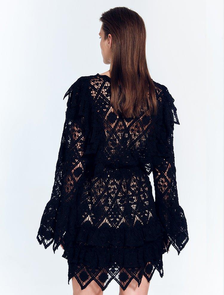 Zhen Black Lace Midi Dress with Ruffle Detail | Moeva | Beachwear Dresses | Each week unveils new pieces—luxury swimwear, fluid resort silhouettes, and elevated summer-to-evening essentials designed to carry you from coastal escapes to city nights.