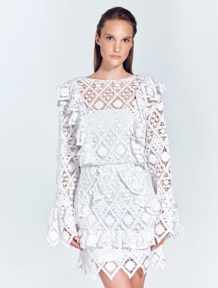 Zhen White Lace Midi Dress with Ruffle Detail | Moeva | Beachwear Dresses | Each week unveils new pieces—luxury swimwear, fluid resort silhouettes, and elevated summer-to-evening essentials designed to carry you from coastal escapes to city nights.