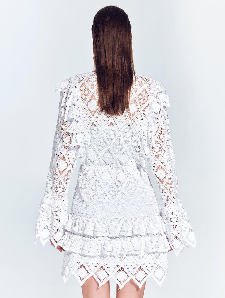 Zhen White Lace Midi Dress with Ruffle Detail | Moeva | Beachwear Dresses | Each week unveils new pieces—luxury swimwear, fluid resort silhouettes, and elevated summer-to-evening essentials designed to carry you from coastal escapes to city nights.